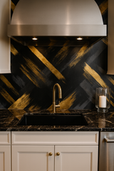 Black and gold Brushfire Noir Wallpaper with abstract brushstroke pattern, creating a bold and modern look.
