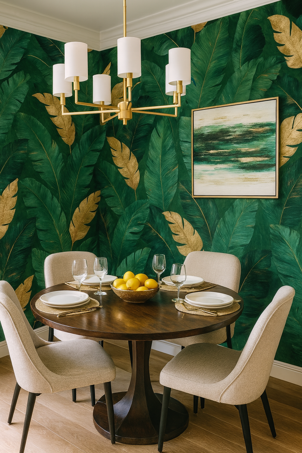 Jungle Luxe wallpaper featuring green and gold tropical leaves.
