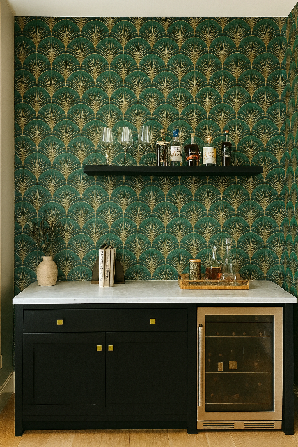 Green and gold fan patterned wallpaper with Art Deco design, against a bar with wine storage.
