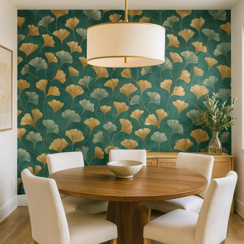 Gilded ginkgo wallpaper with gold and gray leaf pattern, by Wallshoppe, decorates a dining room.
