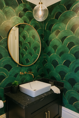 Green and gold Verdant Echo wallpaper by unknown vendor with repeating semicircular pattern.
