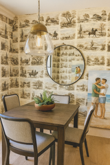 Sonoran vignette wallpaper with illustrated scenes, including cowboys and cacti, on a beige background.
