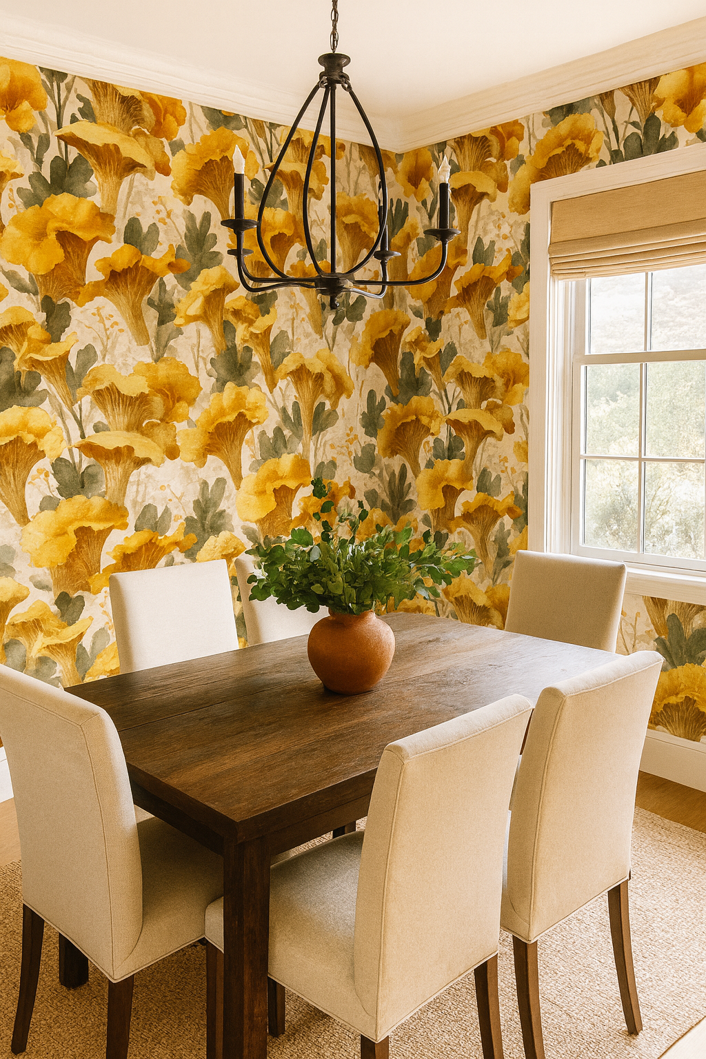 Chanterelle Reverie wallpaper with yellow flowers and green leaves, covering a dining room wall.
