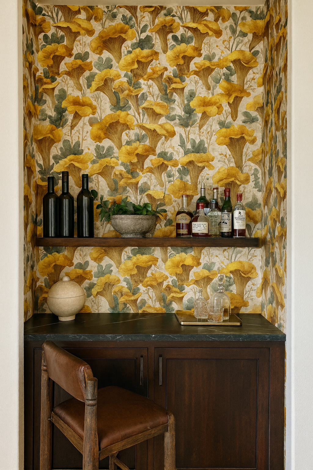Chanterelle Reverie Wallpaper with mushroom pattern, covering the walls of a built-in bar area.
