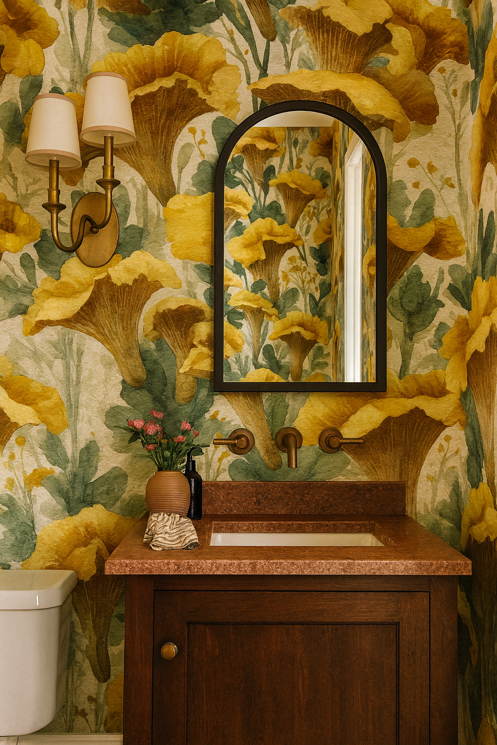 Chanterelle Reverie Wallpaper with yellow mushroom pattern over a light beige background.
