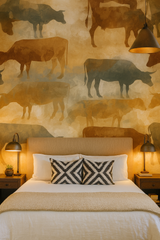 Dairy Dreams Wallpaper with cow silhouettes on a mottled watercolor style background.