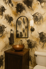 La Matador wallpaper with a bull pattern, decorative bathroom interior.
