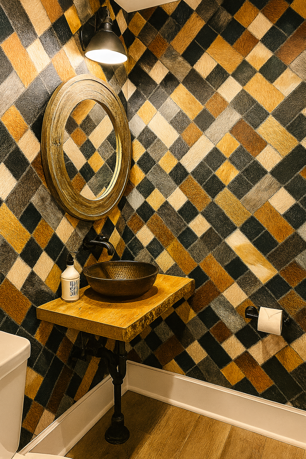Hide & Chic wallpaper with multicolored diamond pattern and textured look.
