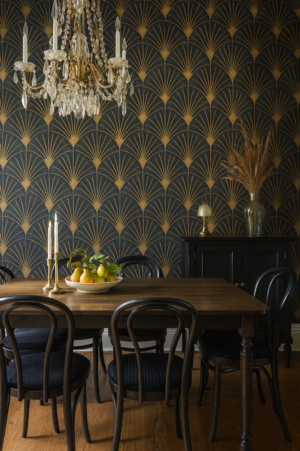 Art deco style wallpaper with gold fan pattern on dark background.
