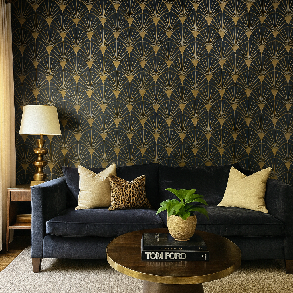 Gold and navy Velvet Gatsby Wallpaper by Brewster Home Fashions, with art deco fan pattern and a textured finish.
