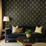 Gold and navy Velvet Gatsby Wallpaper by Brewster Home Fashions, with art deco fan pattern and a textured finish.
