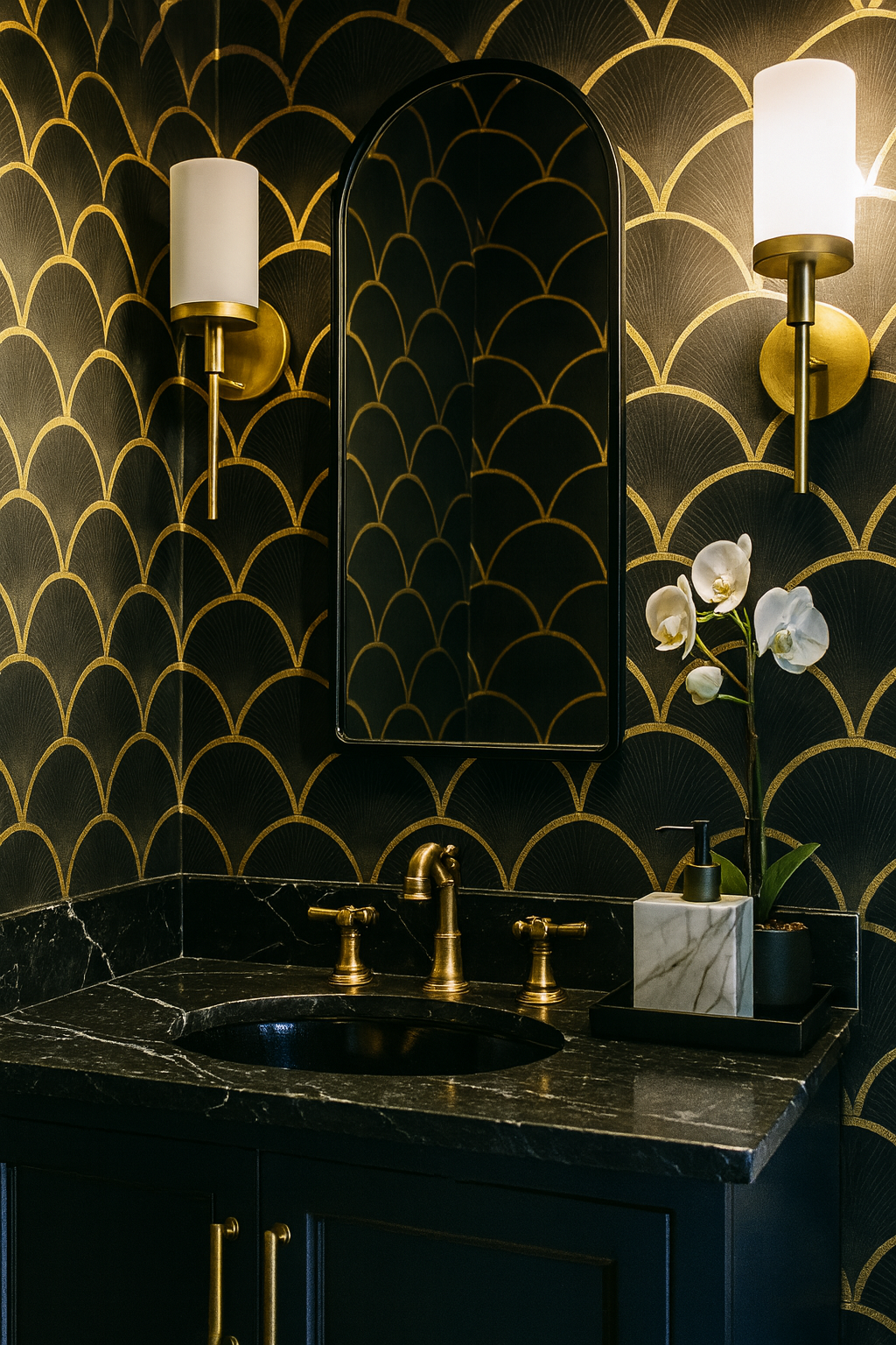 Black and gold wallpaper featuring a scalloped pattern, with a black framed mirror, gold sconces, and vanity details.