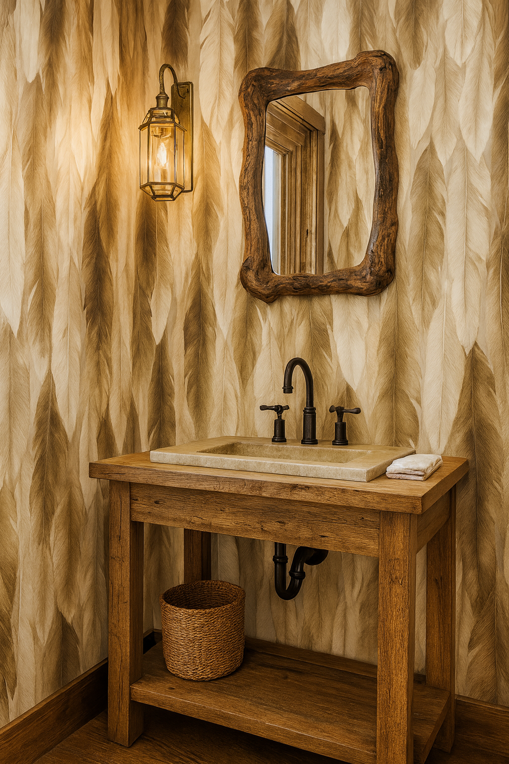 Featherfall Wallpaper with feather pattern, shown installed on a bathroom wall.