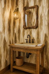 Featherfall Wallpaper with feather pattern, shown installed on a bathroom wall.