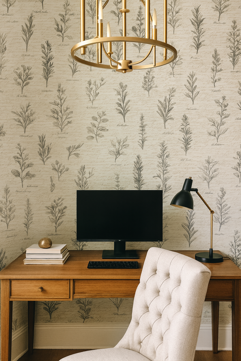 Botanical wallpaper with a scroll design, featuring sketched herbs and handwritten text.