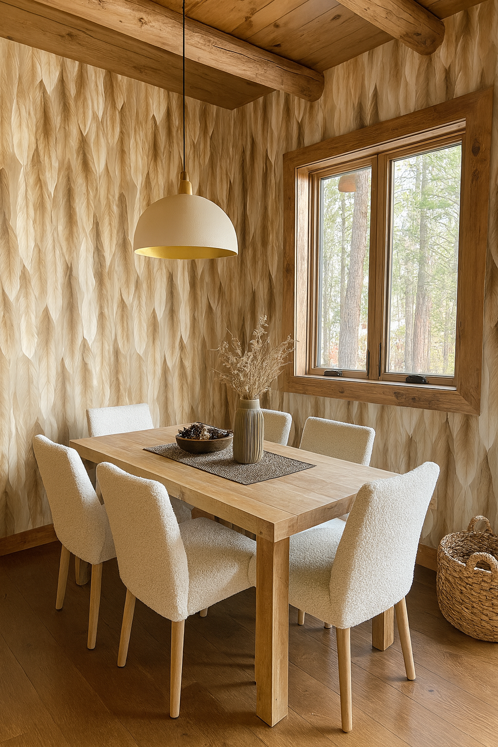 Featherfall wallpaper with a textured, dimensional feather pattern on walls around a dining room setting.
