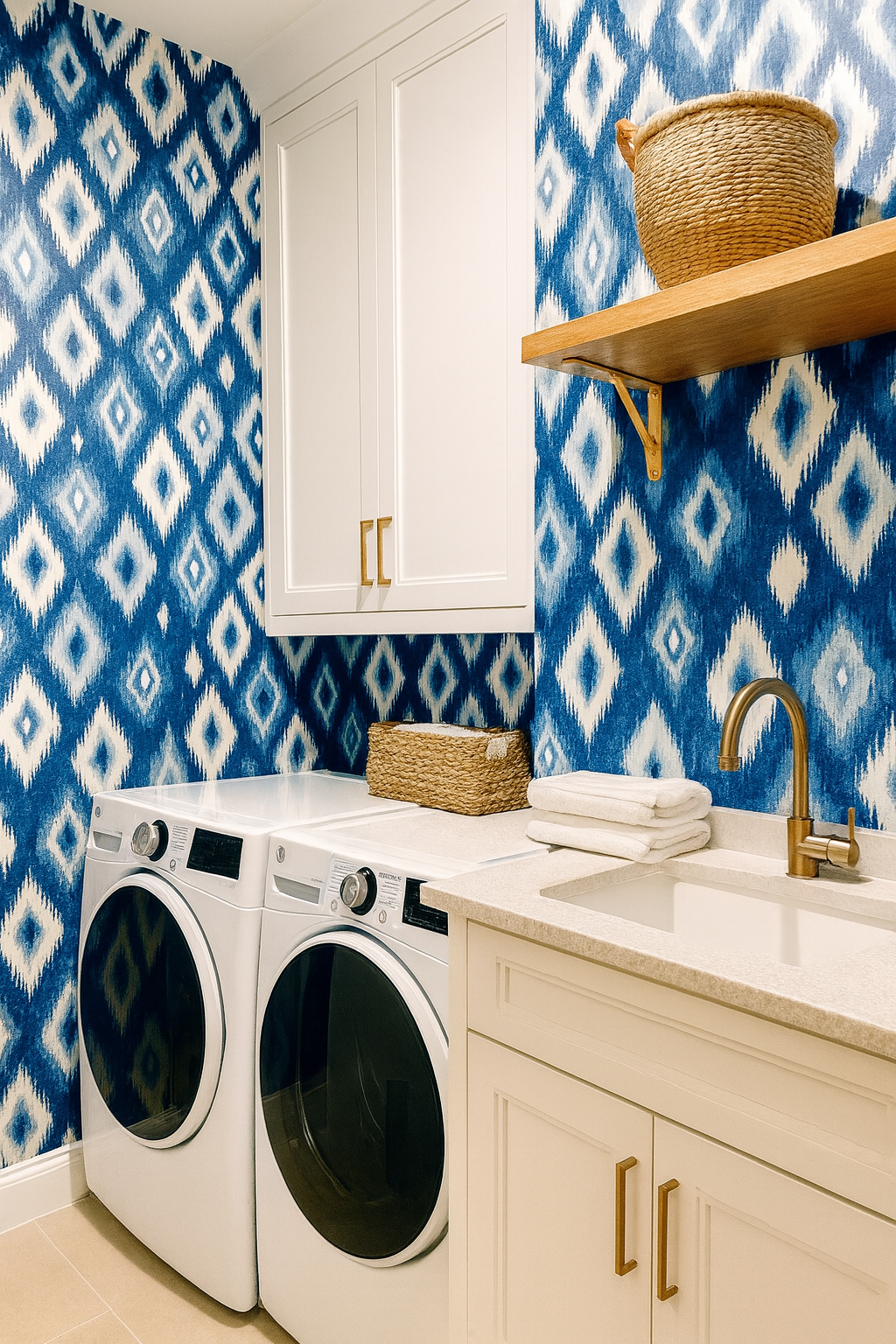 Indigo Mirage wallpaper with a blue and white ikat pattern, decorating a laundry room.