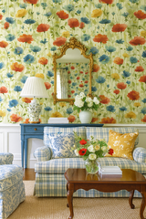 Floral Meadow Waltz Wallpaper with multicolored poppy pattern, filling the frame.
