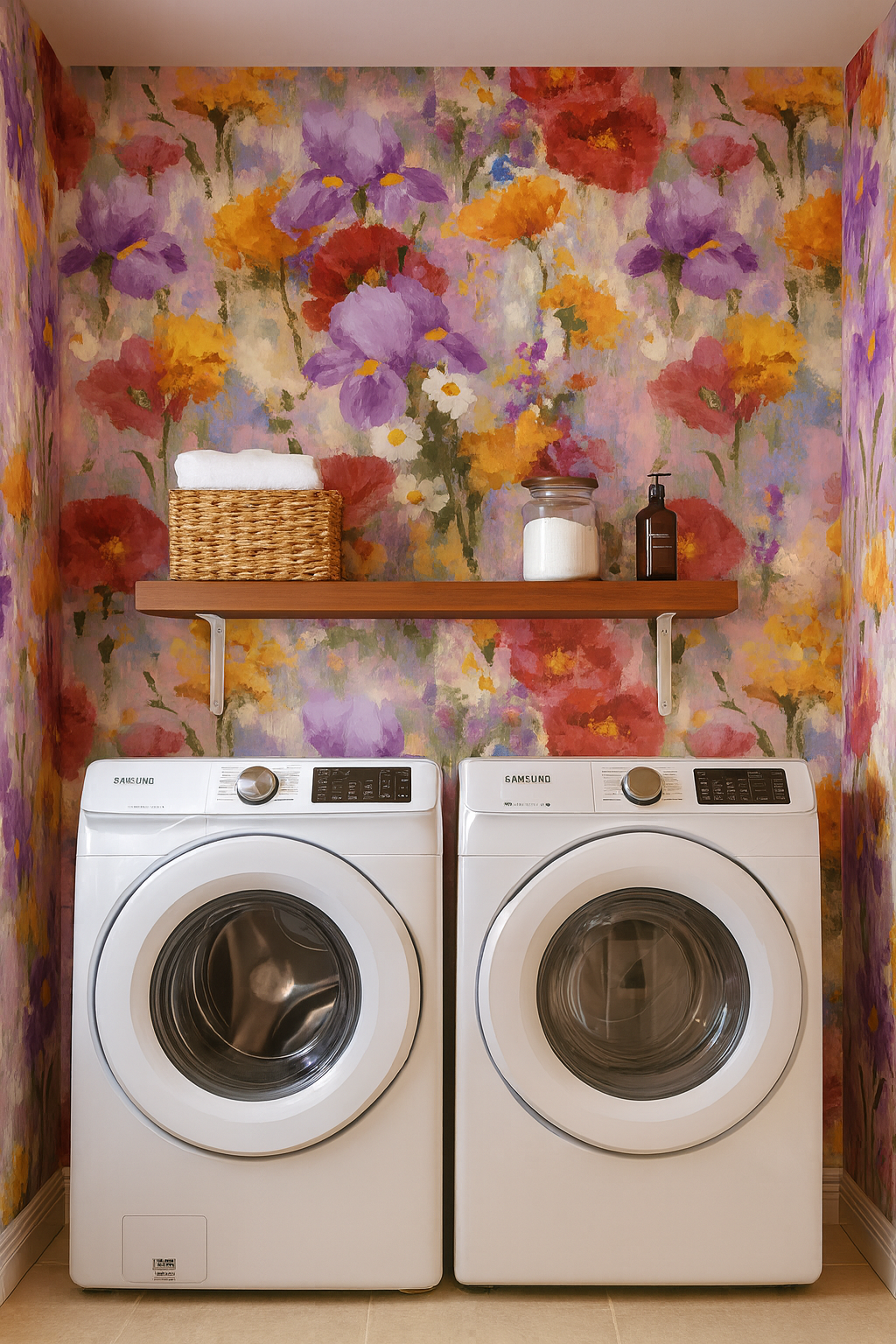 Floral wallpaper in purple, orange, and red impressionist style floral pattern.