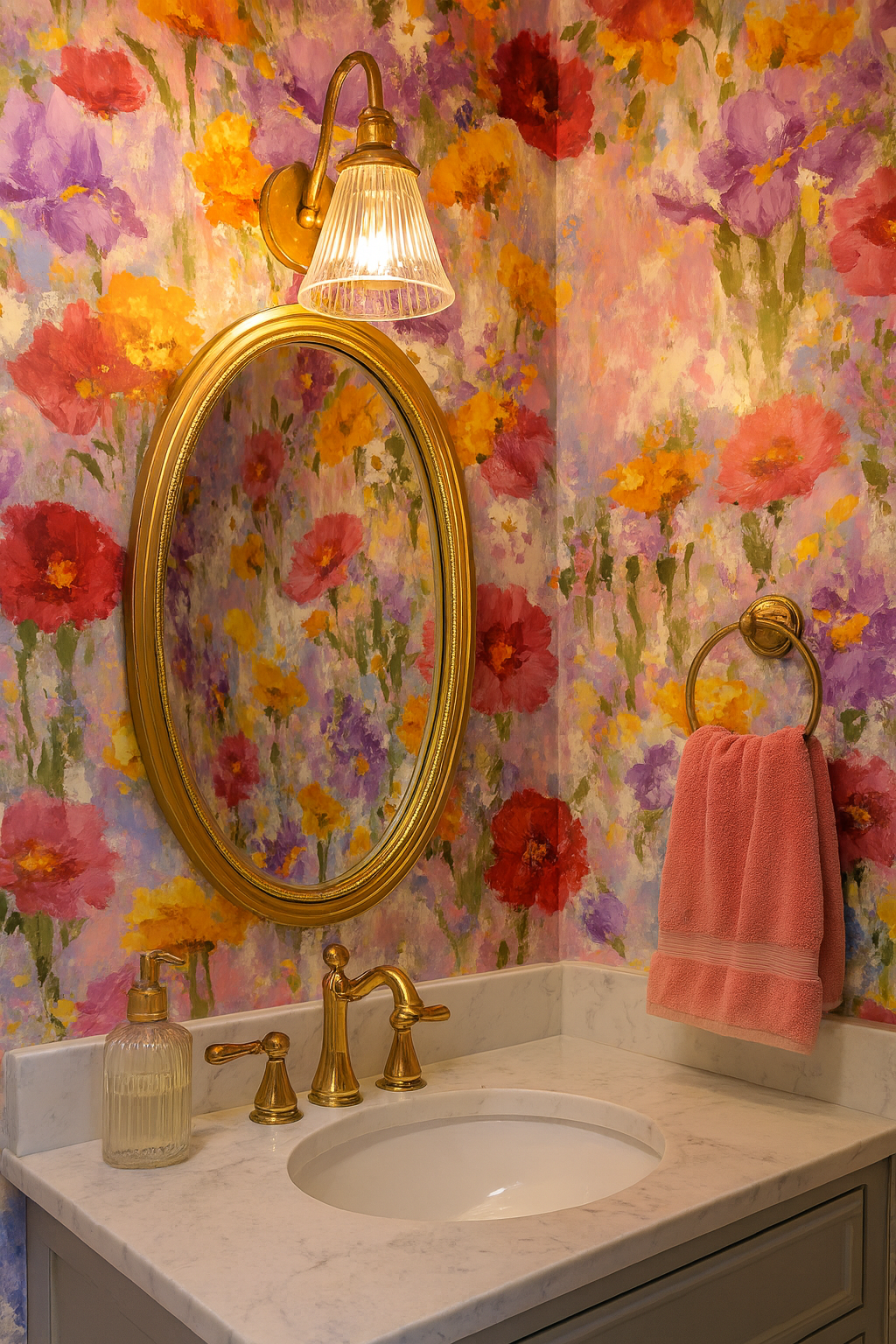 Floral wallpaper with impressionist bloom pattern, featuring red, yellow, and purple flowers.