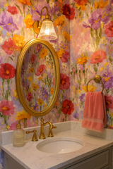 Floral wallpaper with impressionist bloom pattern, featuring red, yellow, and purple flowers.