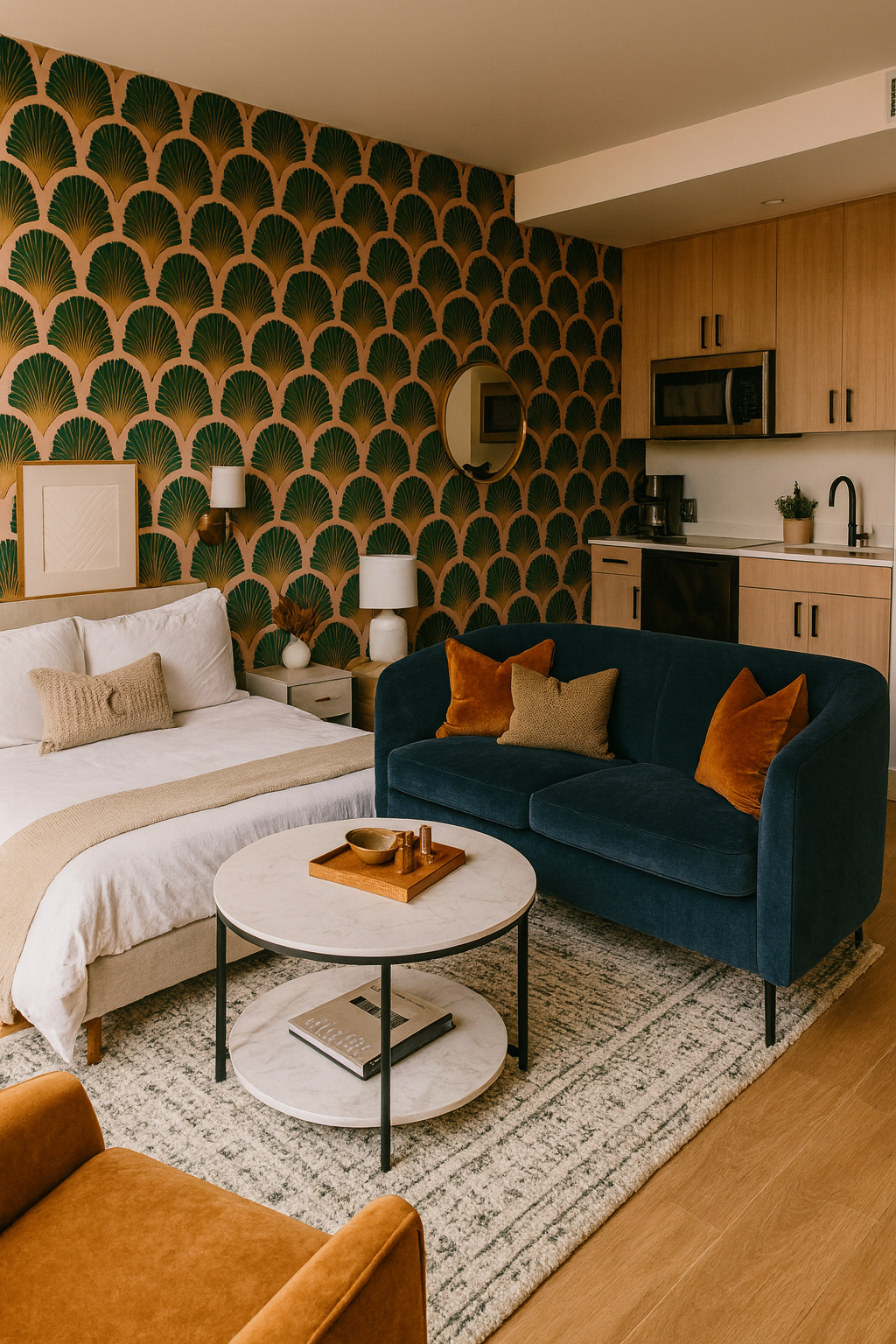 Deco Shells wallpaper with a geometric pattern, featuring green and gold fan shapes on a peach background.