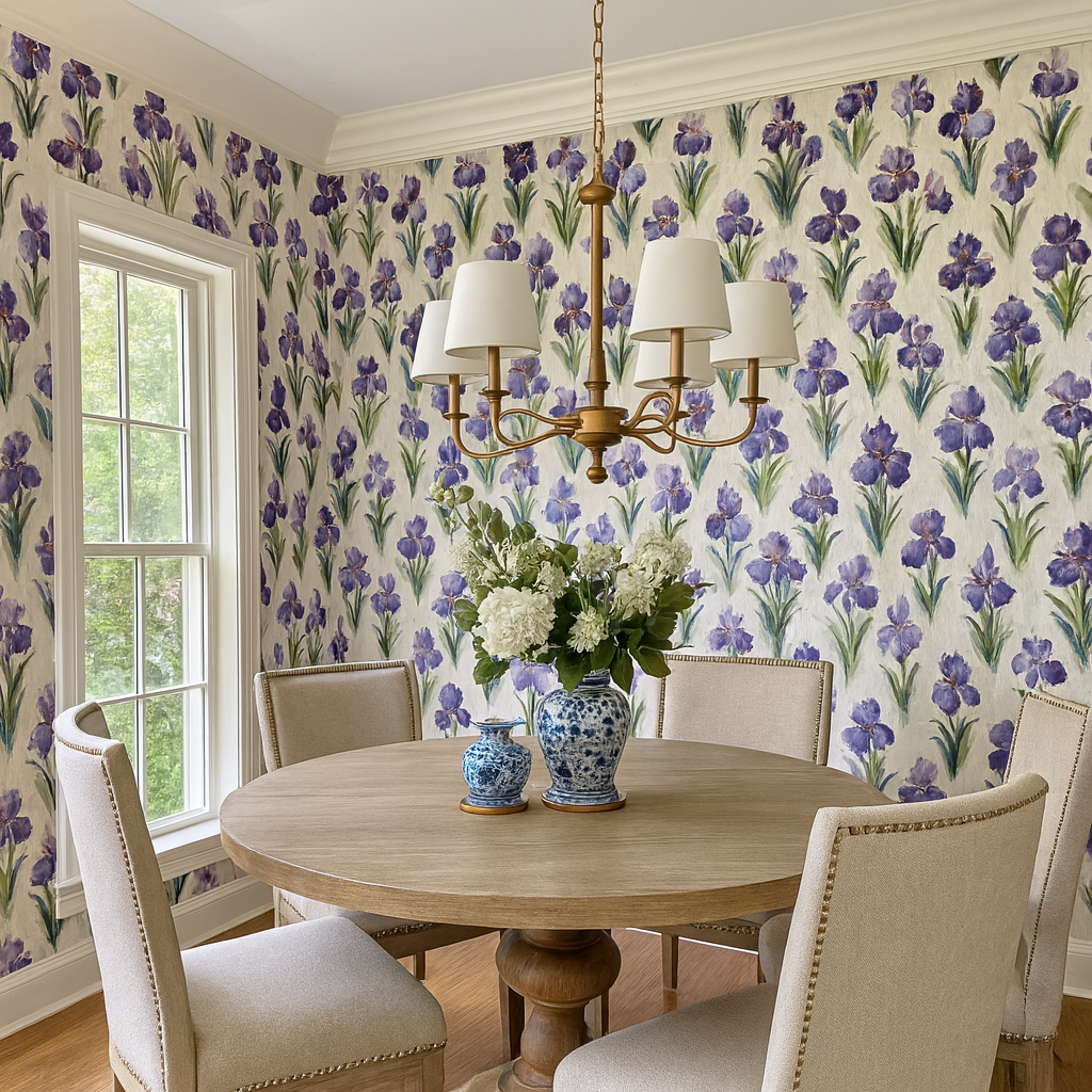 Floral iris chorus wallpaper with white background, patterned by large purple blooms.