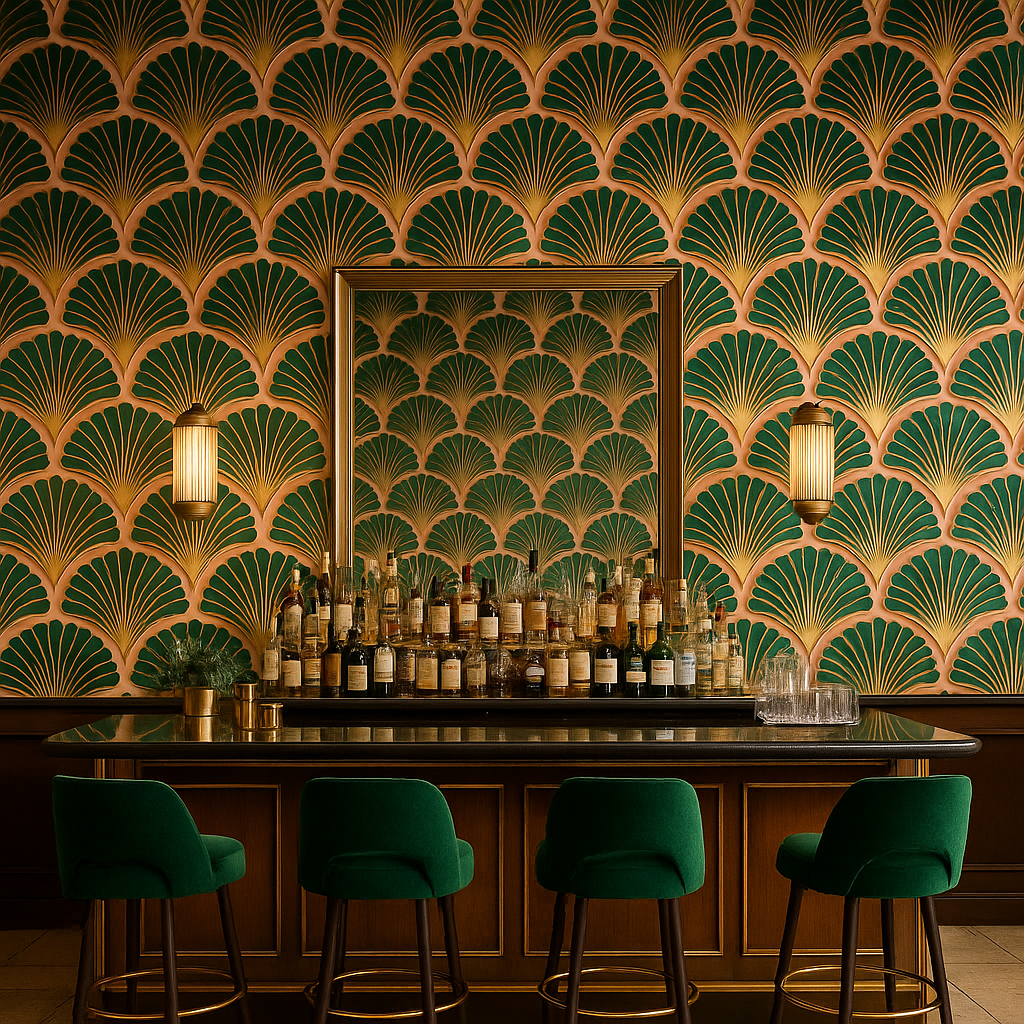 Deco Shells Wallpaper with green and gold fan pattern on peach background.