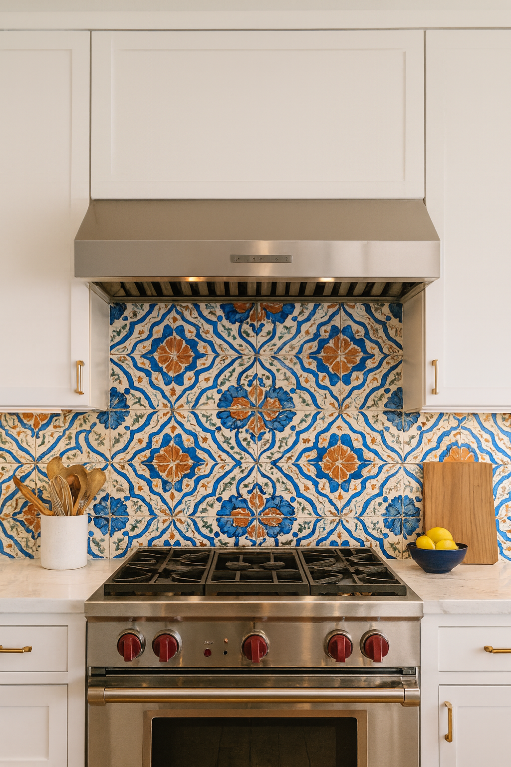 Patterned wallpaper with blue and orange floral designs, covering a kitchen backsplash.
