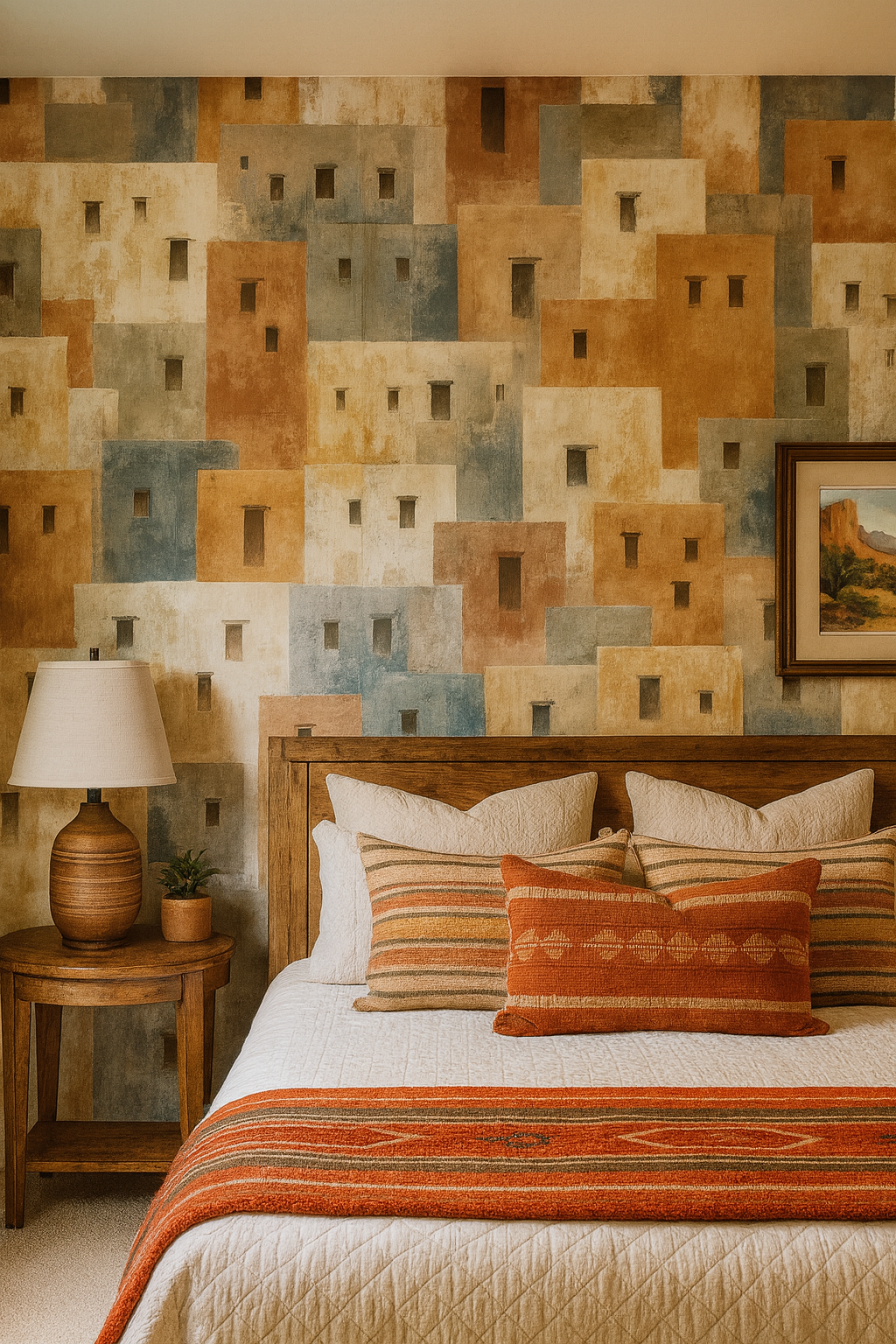 Adobe Mirage wallpaper depicting a Southwest pueblo-style motif, with square building blocks in earth tones and muted blues.
