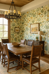 Cactus Chorus Wallpaper with a floral pattern, styled in a dining room.
