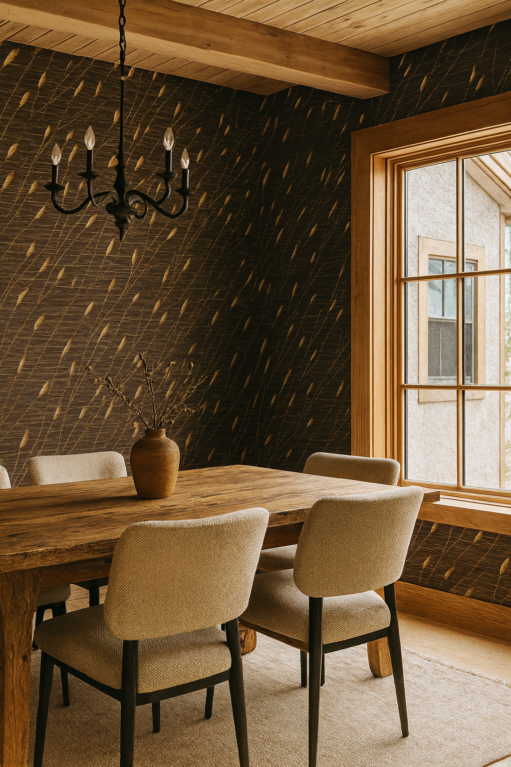 Wheat Whiskers Wallpaper with a gold on dark brown pattern.