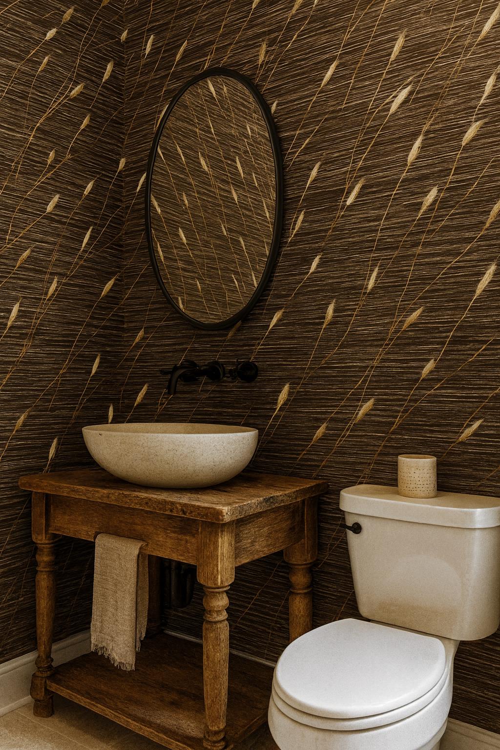 Wheat Whiskers Wallpaper with a brown and gold pattern, covering a bathroom wall with a round mirror.