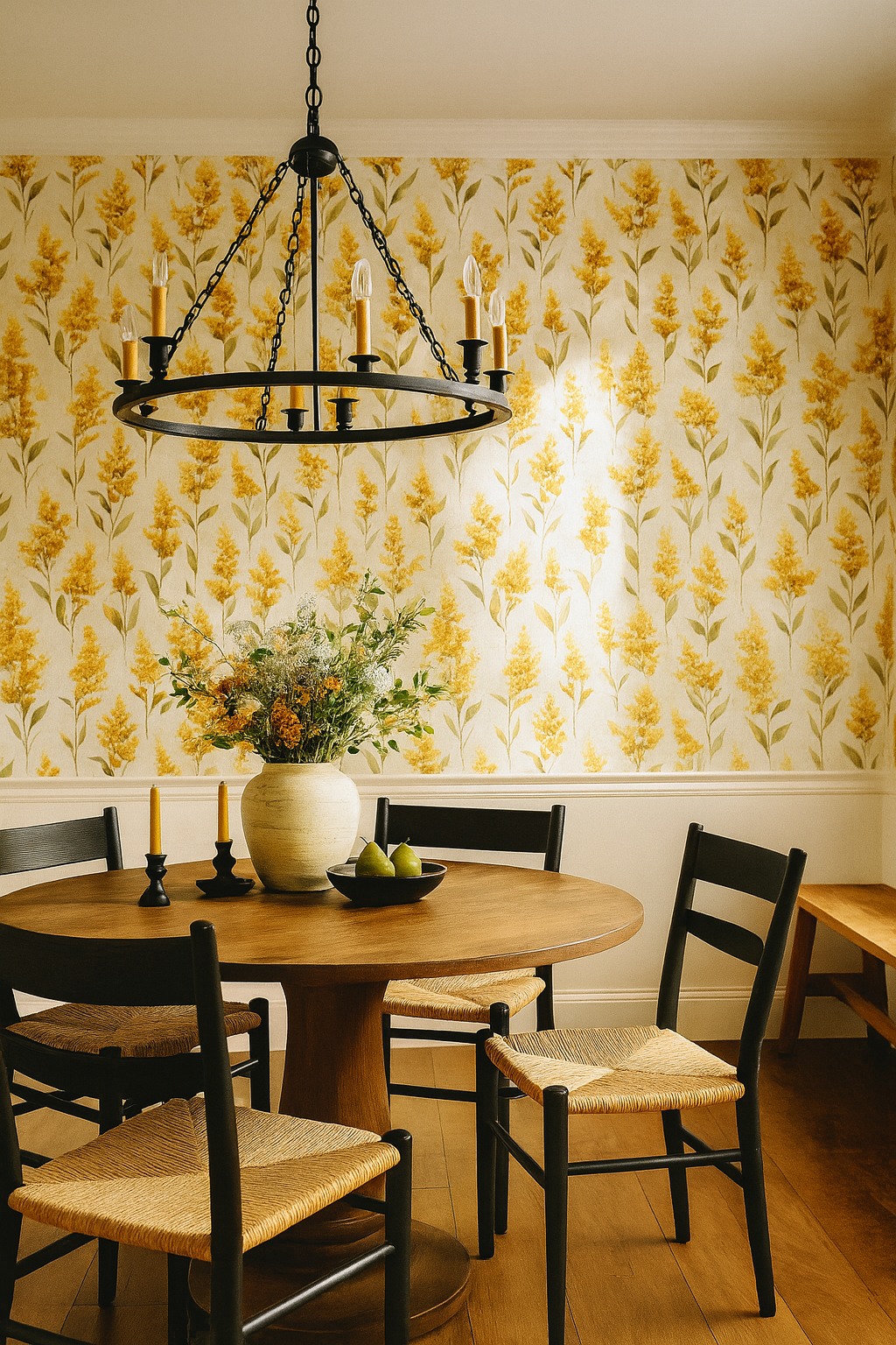 Goldenrod Whimsy Wallpaper with floral pattern, cream background, and botanical design.