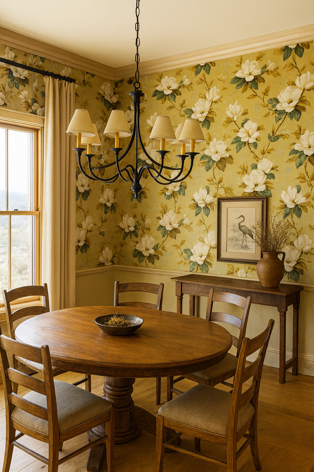 Magnolia Moonlight Wallpaper with a floral magnolia pattern on a golden yellow textured background.