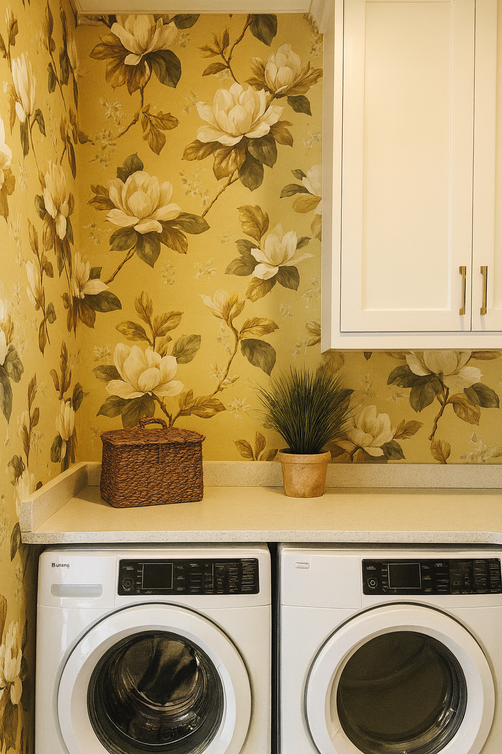 Floral magnolia moonlight wallpaper by Brewster, featuring a yellow background with beige magnolia flowers and green leaves.