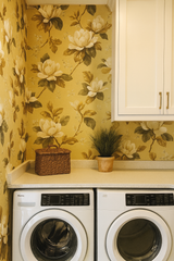 Floral magnolia moonlight wallpaper by Brewster, featuring a yellow background with beige magnolia flowers and green leaves.
