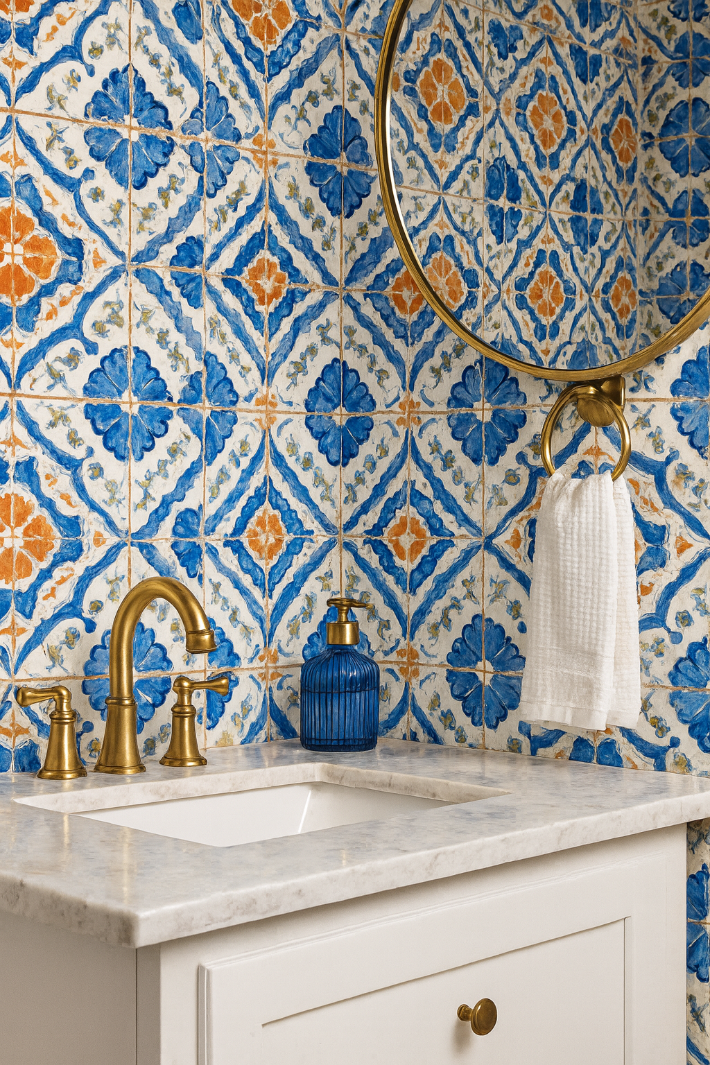 Alhambra Echo Wallpaper with floral, blue and orange tile pattern, covering a bathroom wall.