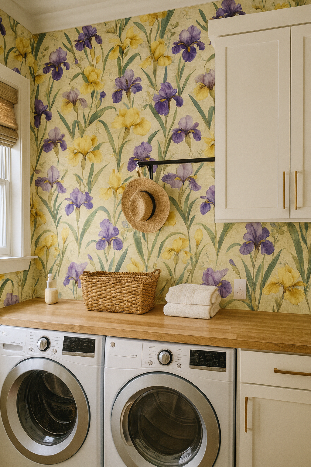 Floral wallpaper with iris pattern on beige background, with laundry room setting.