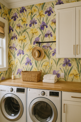 Floral wallpaper with iris pattern on beige background, with laundry room setting.