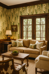 Floral patterned wallpaper with green accents, from Magnolia, on a textured wall.
