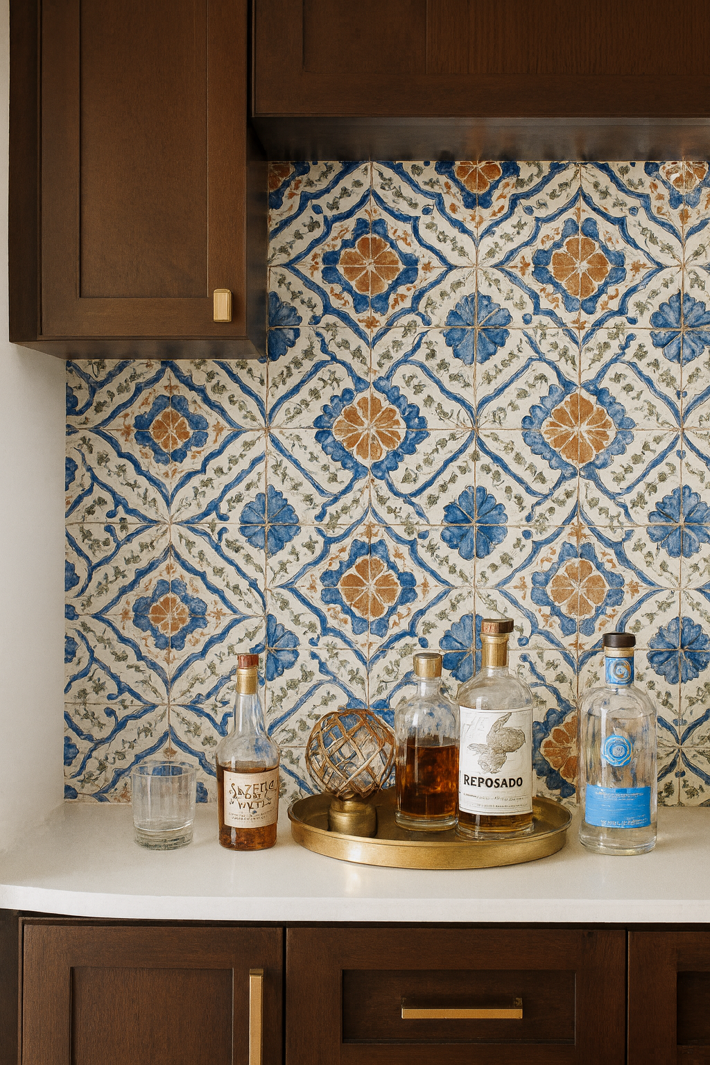 Floral patterned Alhambra Echo wallpaper by Anthology, with a blue and beige botanical design on a square tile backsplash.
