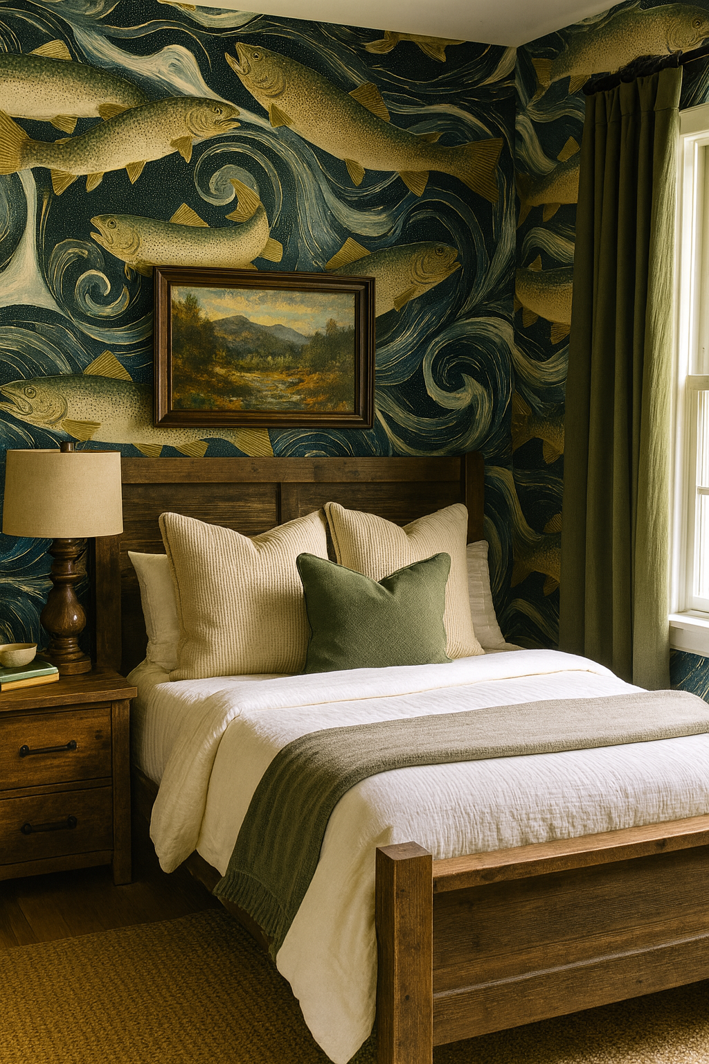 Trout Waltz Wallpaper featuring fish and swirling water patterns on a textured wall
