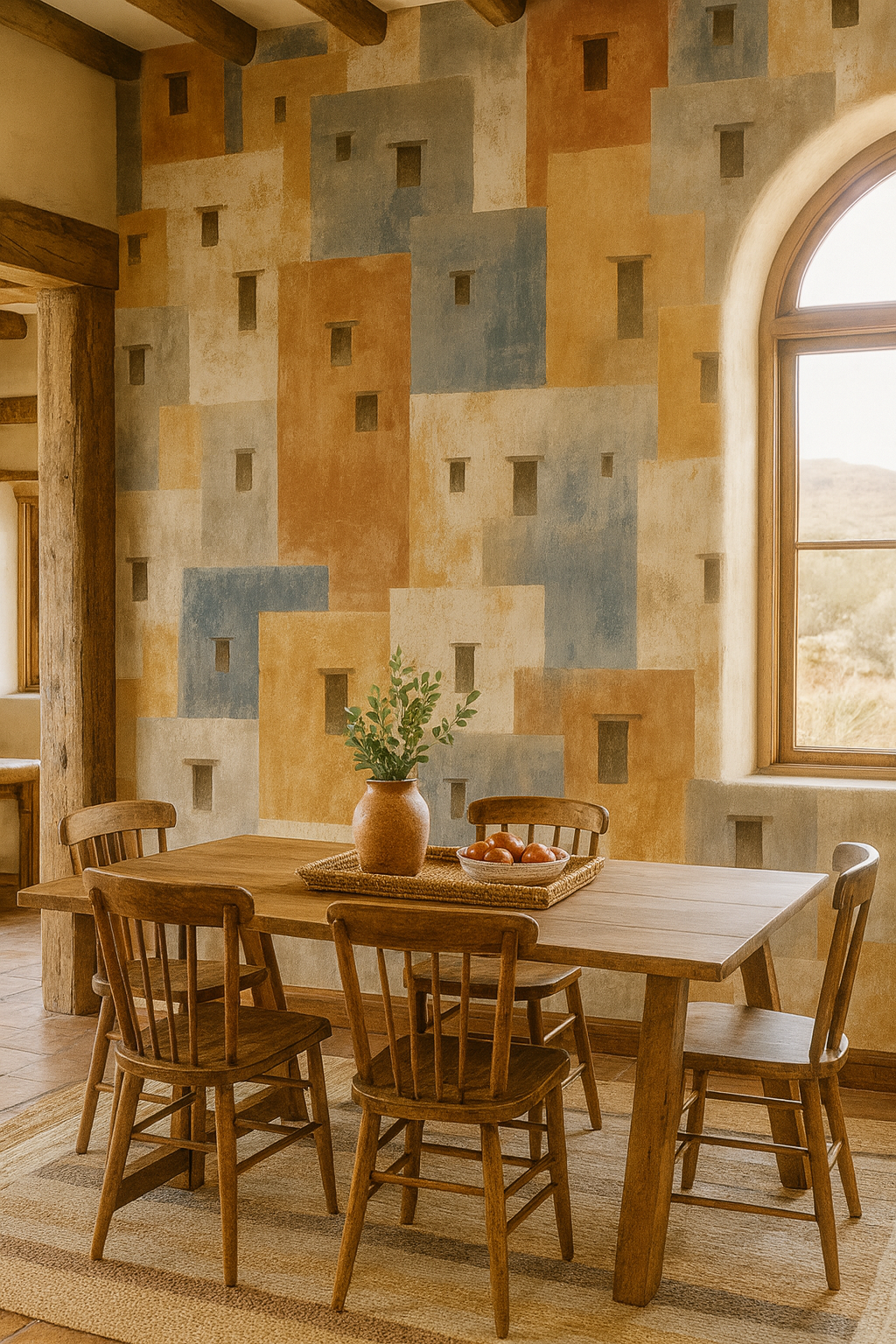 Adobe Mirage Wallpaper with an adobe-style pattern, featuring beige, brown, and blue blocks.
