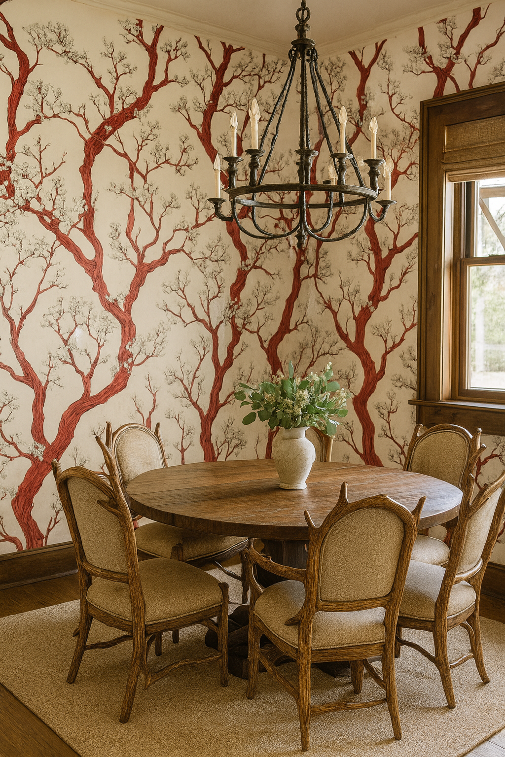 Manzanita Tangle wallpaper with tree branch pattern on a beige background.
