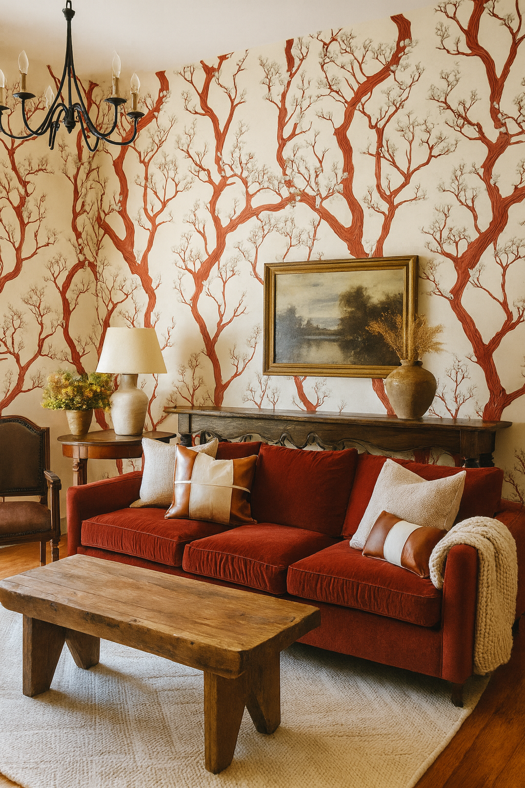 Manzanita tangle wallpaper featuring a red tree branch pattern on a cream background.
