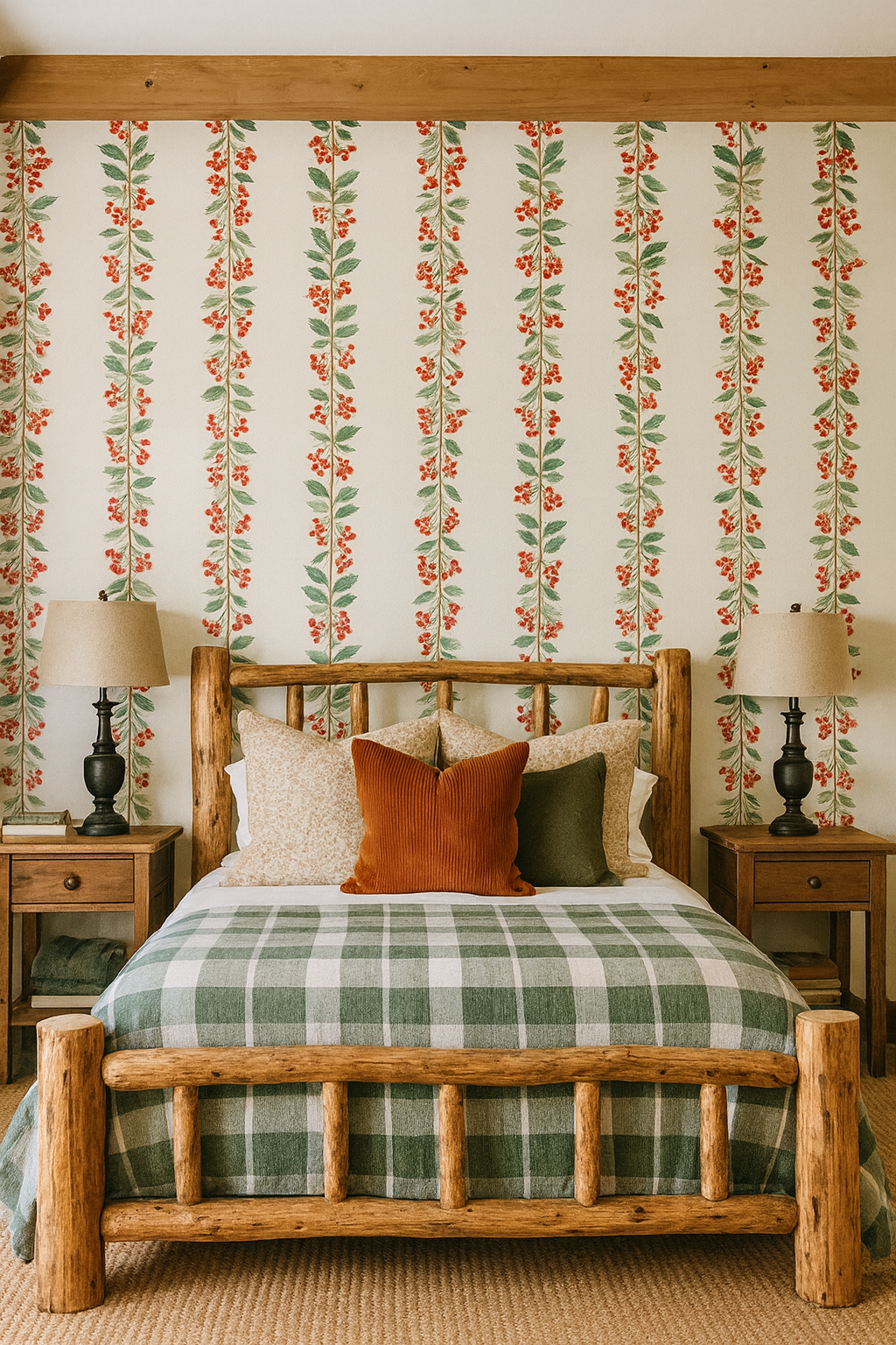 Berry Bright Boulevard wallpaper with green and red botanical pattern on a white background.