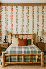 Berry Bright Boulevard wallpaper with green and red botanical pattern on a white background.