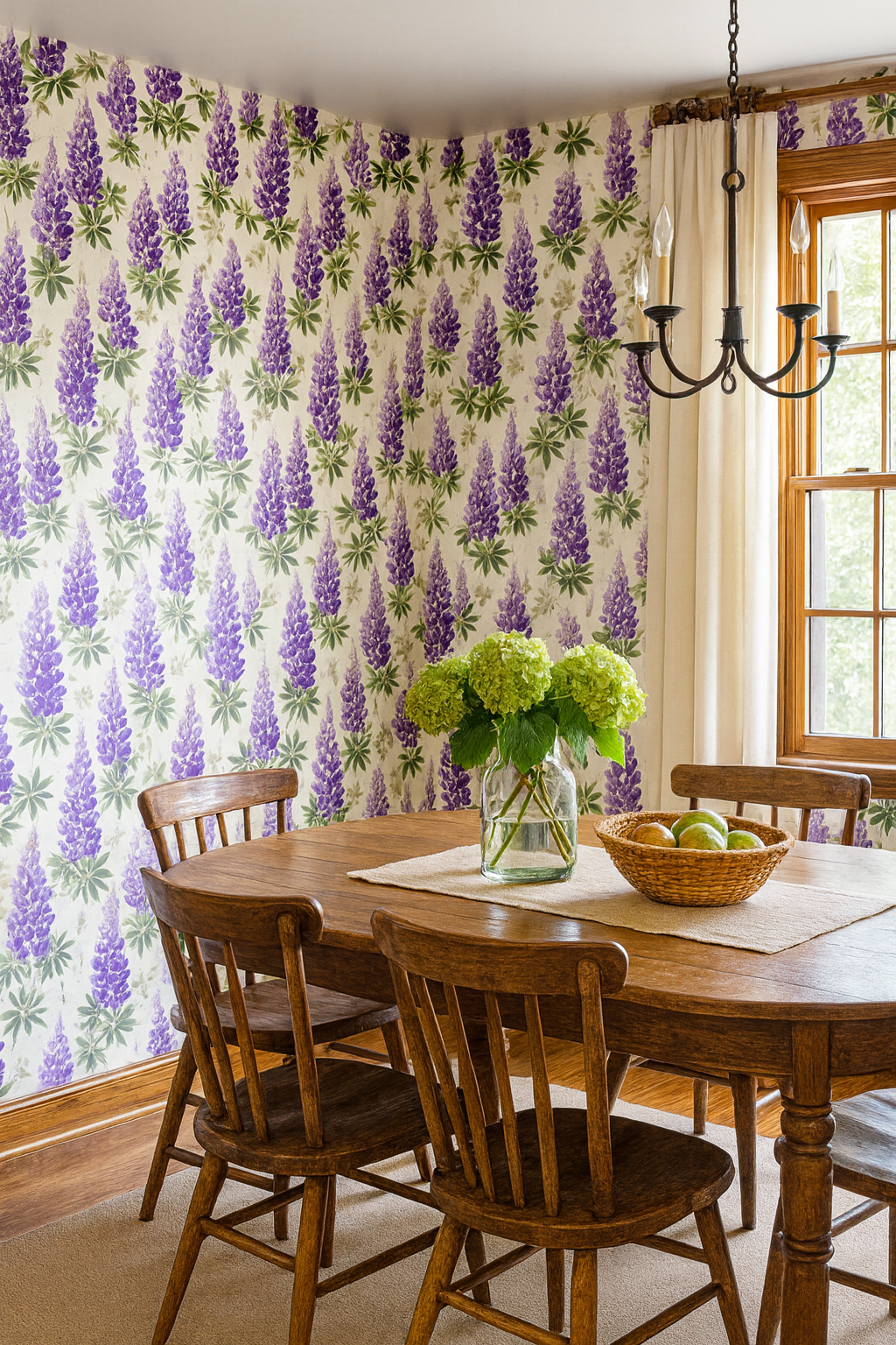 Lupine Lore Wallpaper with purple and green floral pattern on a cream background.
