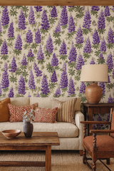Floral Lupine Lore Wallpaper with purple flower pattern on cream backdrop.